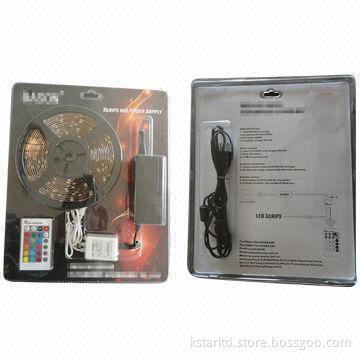 SMD 3528 RGB LED strip light set, 5m/roll, with remote and power adapter, blister pack